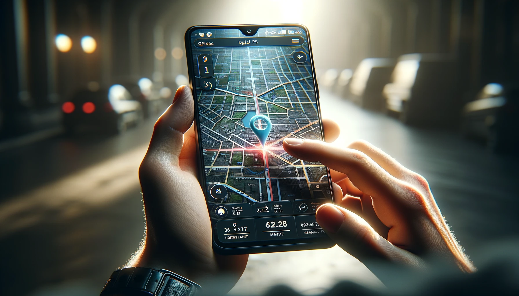 person's hands holding a smartphone with a GPS digital mobile application open